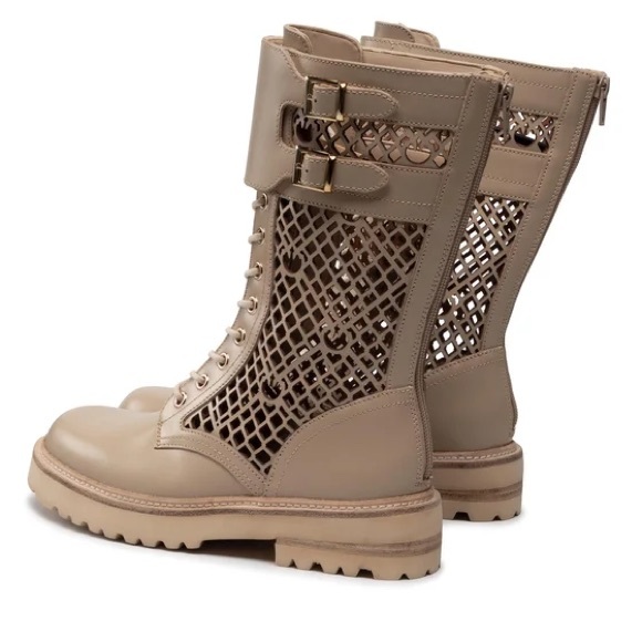 Pinko Beige Leather Combat Boots • Lug Sole • Lace-Up w/ Zipper - Picture 8 of 11